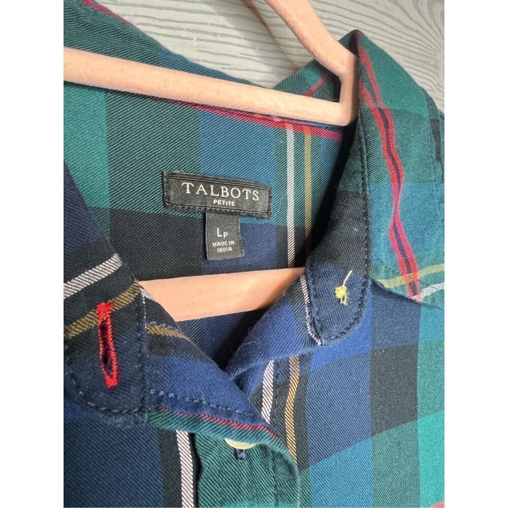 Talbots green and navy plaid button-down size large petite - Picture 3 of 7